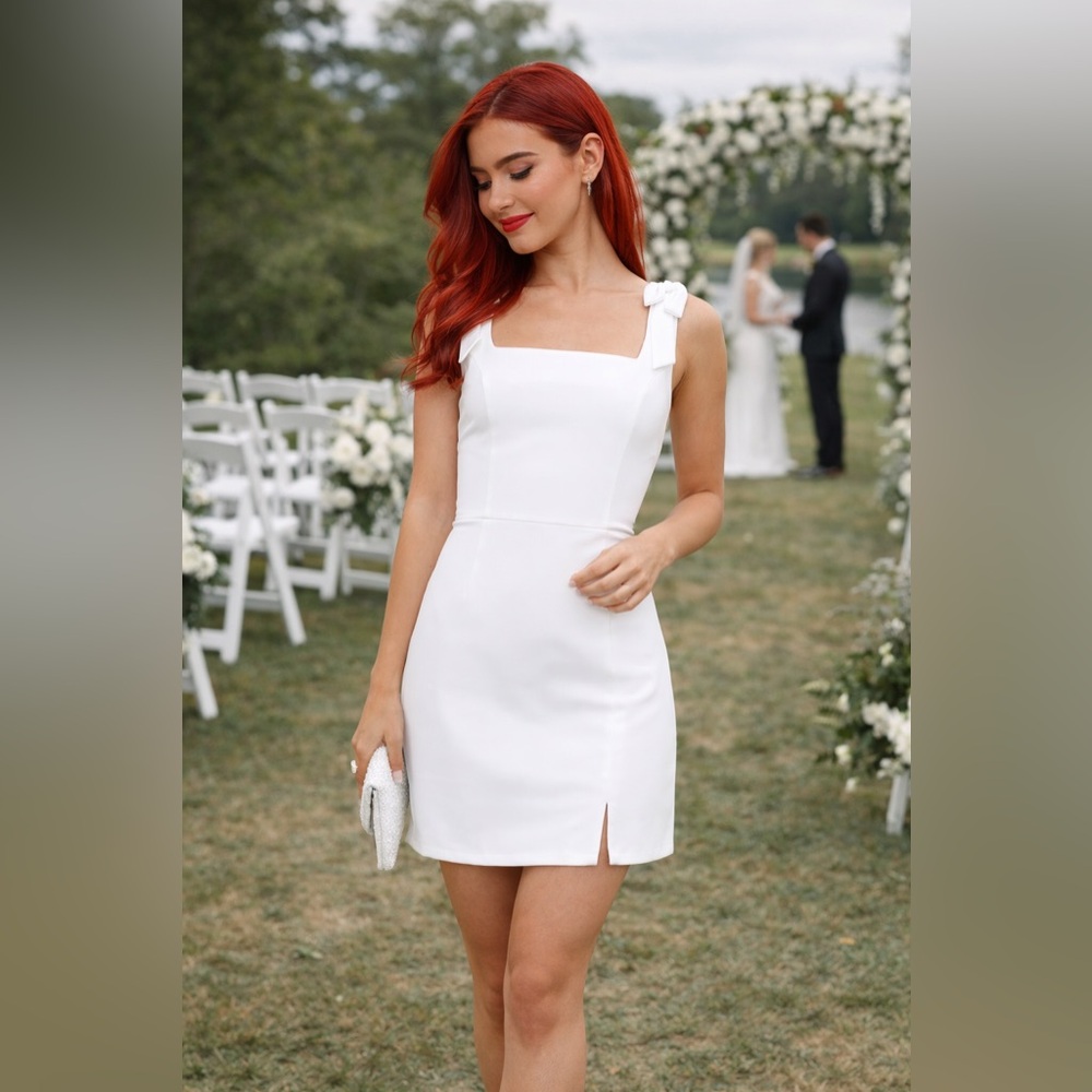 Lulu's White Square Neck Mini Dress with Shoulder Bow